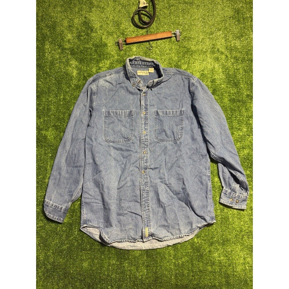 Mens Vintage Fieldmaster Denim Shirt Sz LT Blue Long Sleeve Button-Up Workwear